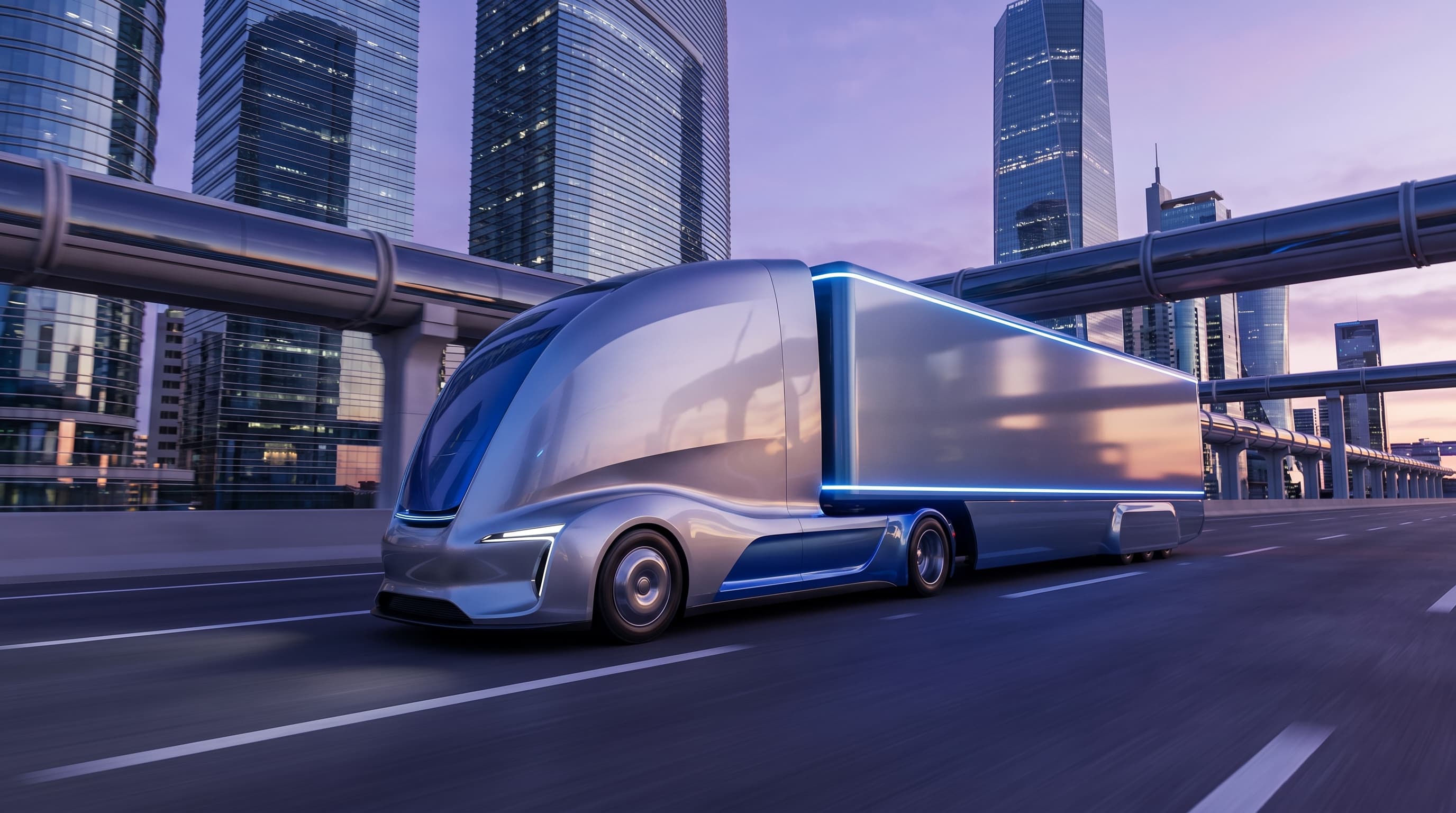 Futuristic Inspectra fleet truck driving through a city